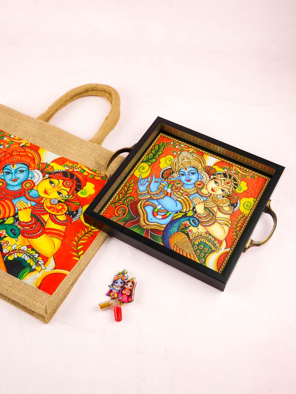Combo: Radhakrishna Jute Bag with Tray & Haldi Kumkum - WGC0139