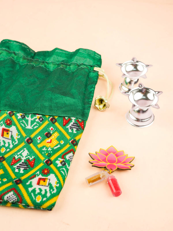 Combo: Patola Design Bag with Set of 2 Diya & Lotus Haldi Kumkum - WGC0137