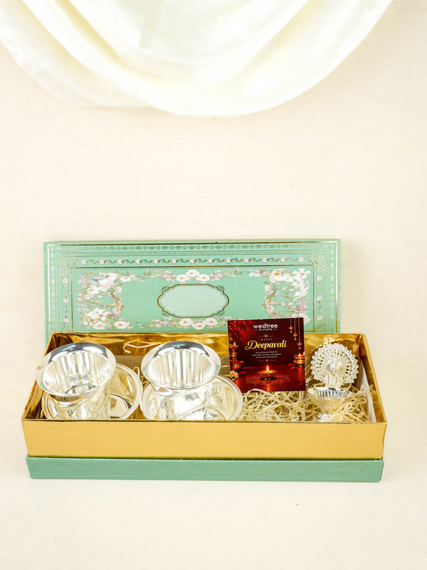 Deepavali: Box with Brass Coffee Dabara Set & Peacock Diya - WDC0031