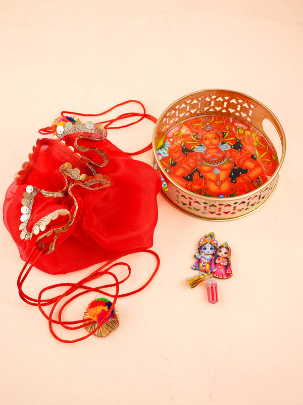Combo: Mural Tray with Radhakrishna Haldi Kumkum & Tissue Potli - WGC0136