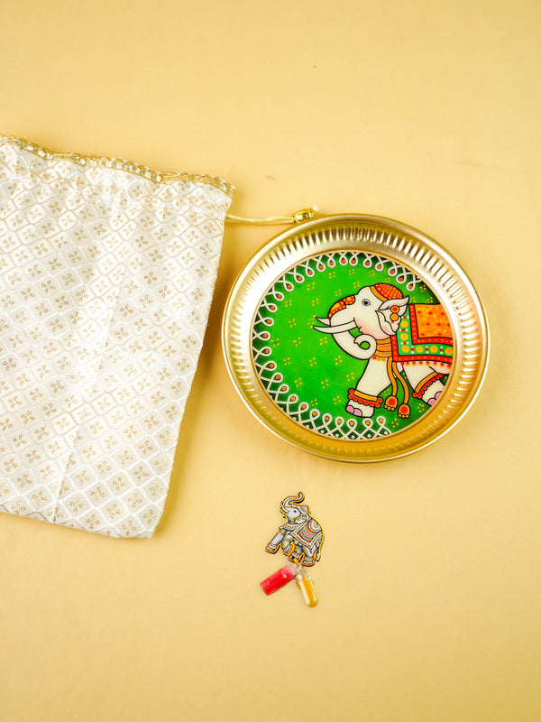 Combo: String Bag with Elephant Print Plate & Haldi Kumkum - WGC0163