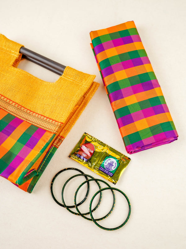 Combo: Traditional Checked Blouse Bit with Jute Bag & Bangle Manjal Kumkum - WGC0165