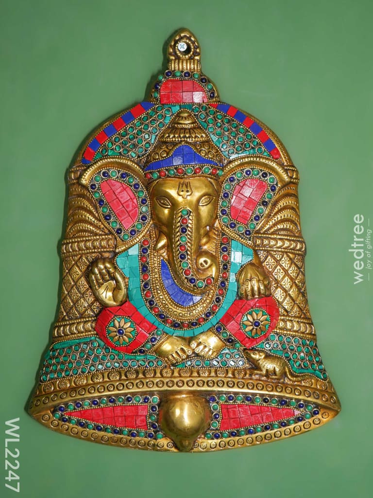 Brass Stone Work Bell Ganesha Wall Hanging - Wl2247 Figurines