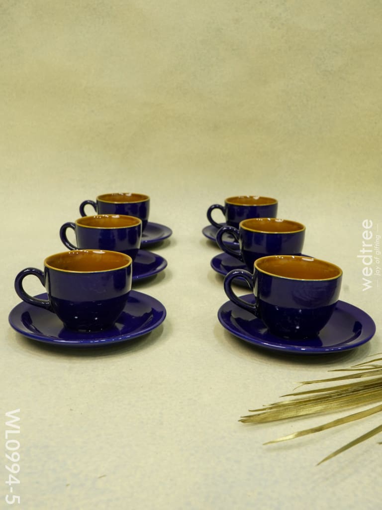 Ceramic Cup And Saucer Set - Blue With Brown Design Wl0994-5 Ceramics