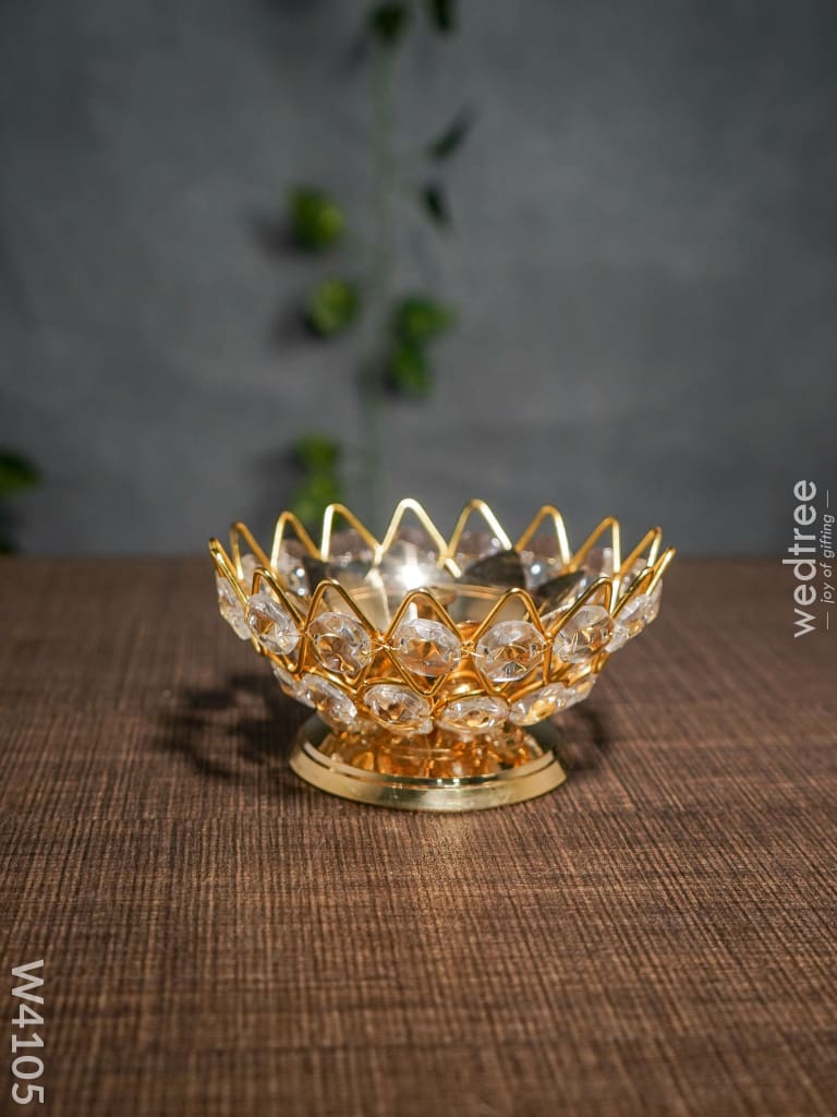 Decorative Bowl Shaped Crystal And Brass Flower Diya - W4105 Gifts