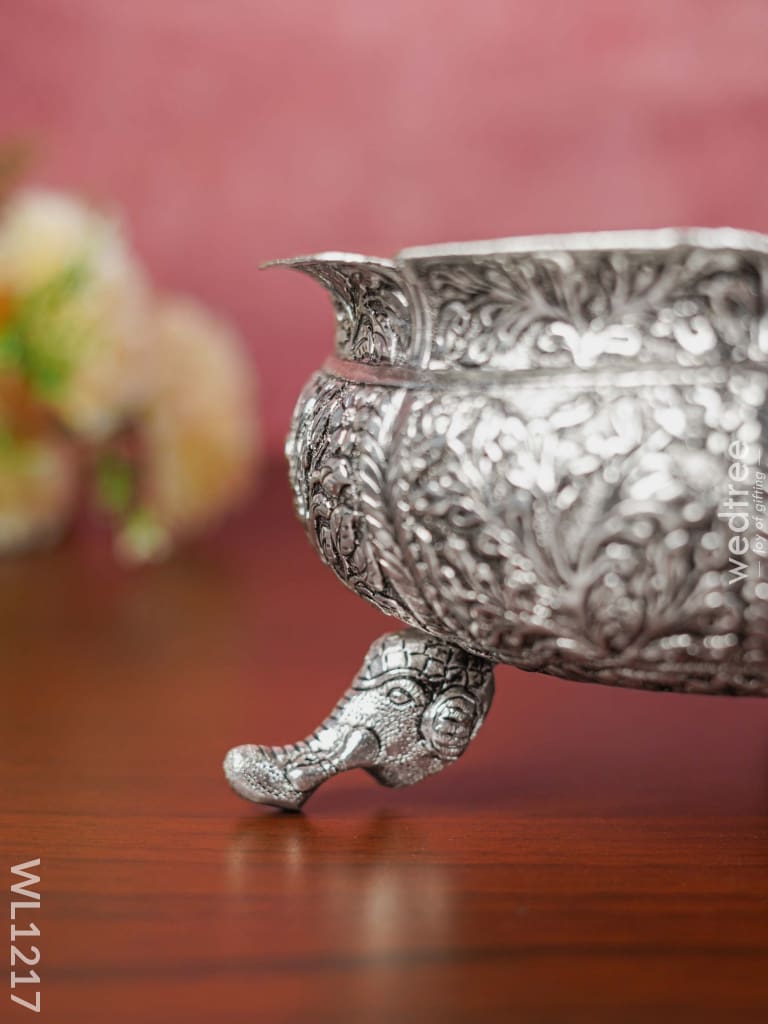 German Silver Antique Floral Urli With Elephant Stand - 8.5 Inch Wl1217