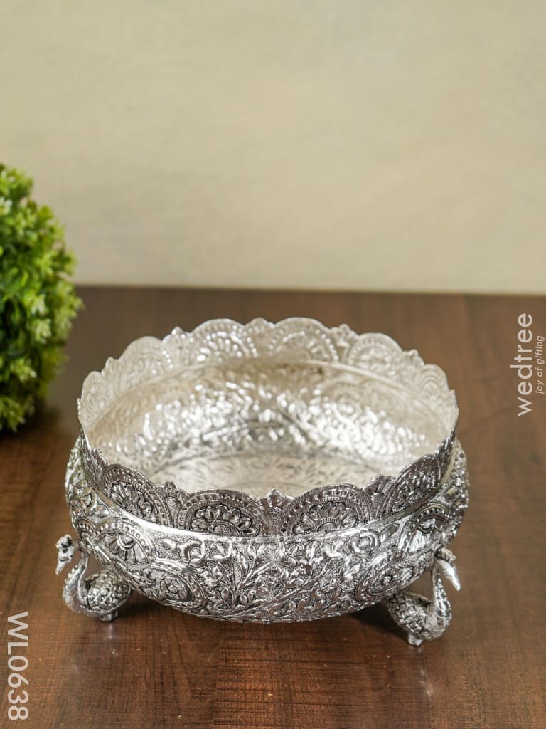 German Silver Antique Urli With Peacock Stand - 8 Inch Wl0638