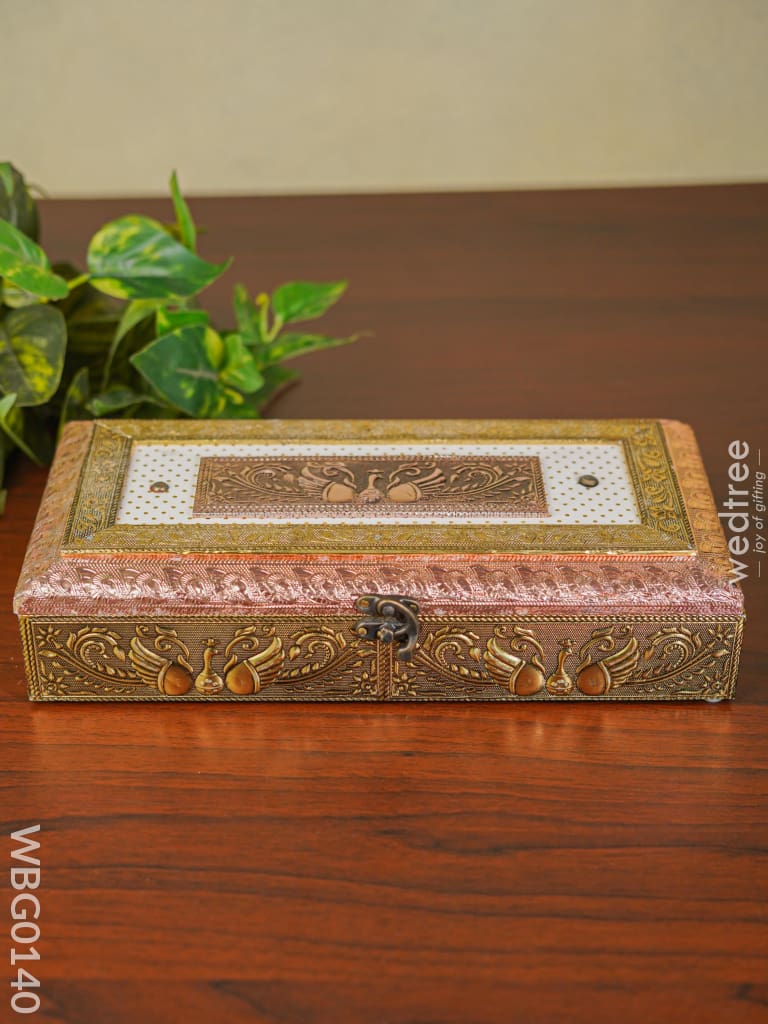 Oxidised Golden And Red Embossed Dry Fruit Box With Peacock Floral Design - 12X6Inches Wbg0140