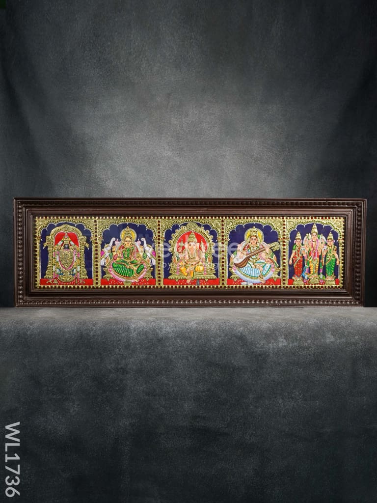 Cornice Religiosa Indiana Con 5 Divinità | Venkateshwara, Ganesha, Lakshmi, Saraswathi, Murugan | Multicolore | 35,5 X 25,4 Cm
