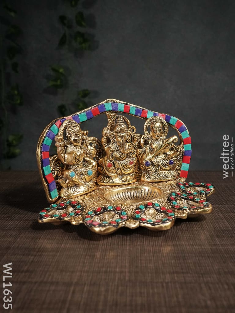 White Metal Lakshmi Ganesh Saraswathi Five Face Diya With Stone Work - Wl1635