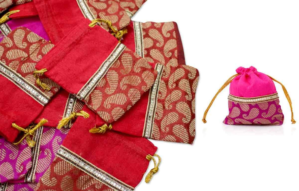 25 String pouch raw silk and mango design for 75th birthday