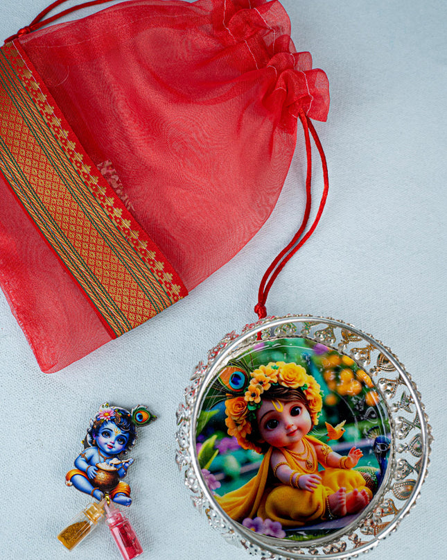 Navratri Combo - Tissue String Bag with German Silver Bowl - Baby Krishna Design & Krishna Haldi Kumkum Set - WGC0091