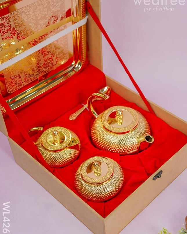24Kt Gold Tea Cup Set With Plate And Spoon - Wl4267 Brass Utility