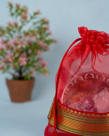 Navratri Combo - Tissue String Bag with German Silver Bowl - Baby Krishna Design & Krishna Haldi Kumkum Set - WGC0091