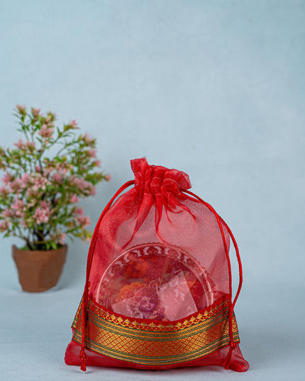 Navratri Combo - Tissue String Bag with German Silver Bowl - Baby Krishna Design & Krishna Haldi Kumkum Set - WGC0091