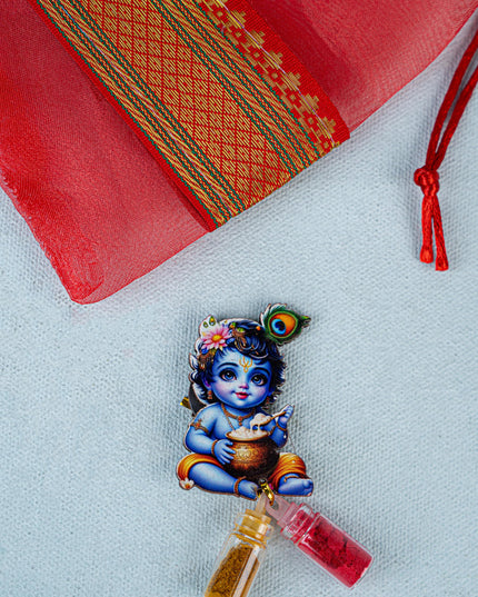 Navratri Combo - Tissue String Bag with German Silver Bowl - Baby Krishna Design & Krishna Haldi Kumkum Set - WGC0091