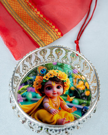 Navratri Combo - Tissue String Bag with German Silver Bowl - Baby Krishna Design & Krishna Haldi Kumkum Set - WGC0091