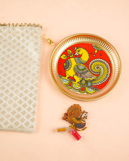 Combo: Designer String Bag with Annapakshi Haldi Kumkum & Annapakshi Plate - WGC0120