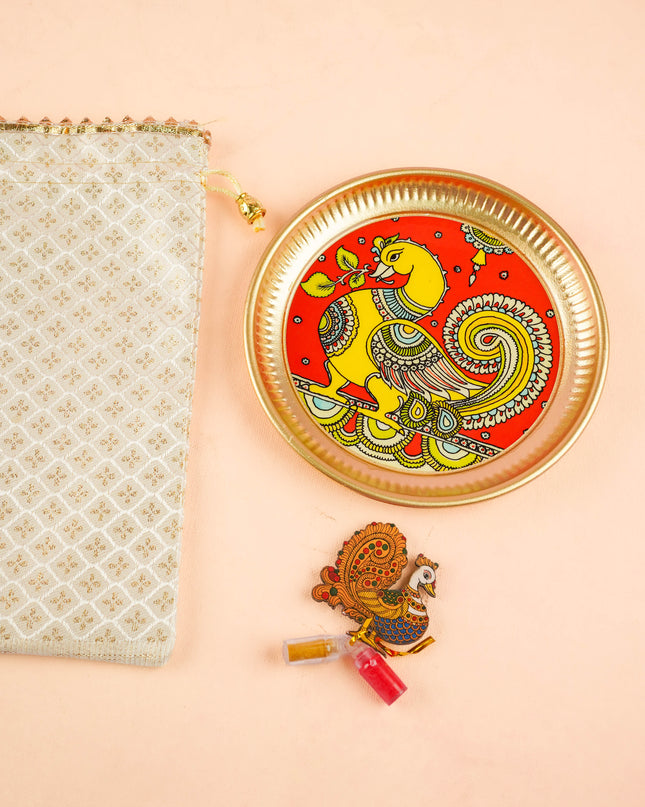 Combo: Designer String Bag with Annapakshi Haldi Kumkum & Annapakshi Plate - WGC0120