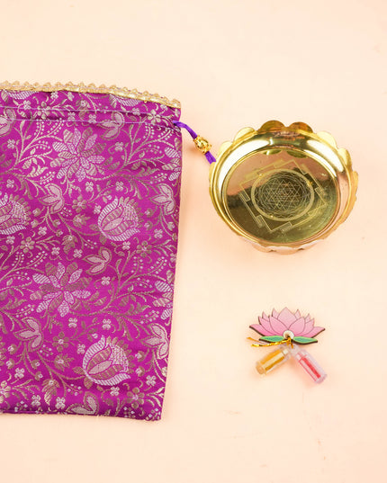 Combo: Brass Lotus Bowl with Lotus Haldi Kumkum & Designer String Bag - WGC0127