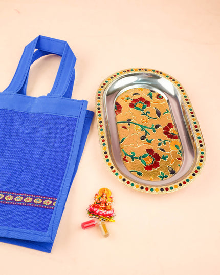 Combo: Jute Bag with Floral Plate & Lakshmi Haldi Kumkum - WGC0123