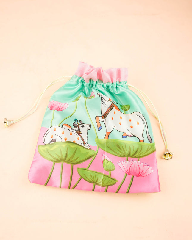 Combo: Pichwai String Bag with Pichwai Key Hanger & Pichwai  Haldi Kumkum - WGC0122