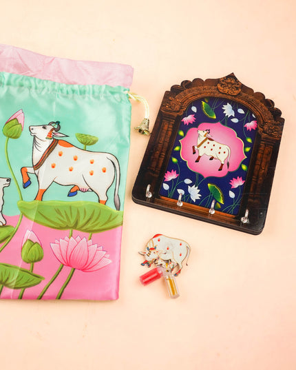 Combo: Pichwai String Bag with Pichwai Key Hanger & Pichwai  Haldi Kumkum - WGC0122