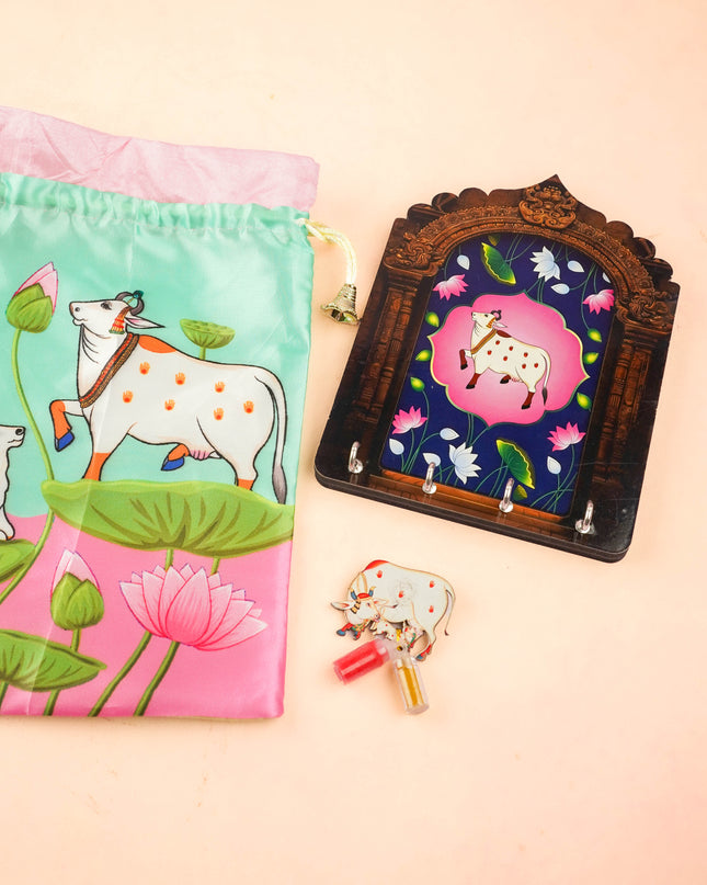 Combo: Pichwai String Bag with Pichwai Key Hanger & Pichwai  Haldi Kumkum - WGC0122