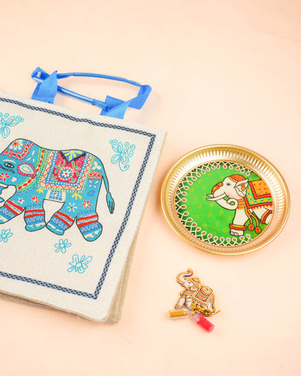 Combo: Printed Handbag with Elephant Haldi Kumkum & Elephant Plate - WGC0121