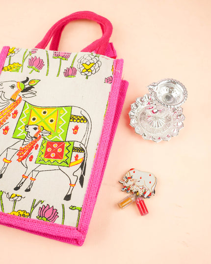 Combo: Jute Bag with Annapakshi Diya & Cow Haldi Kumkum - WGC0135