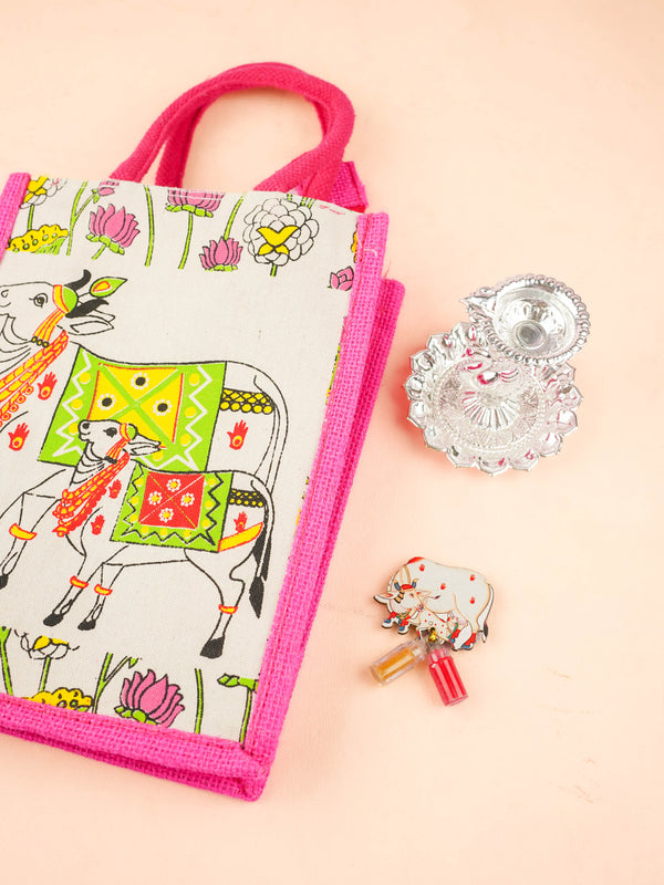 Combo: Jute Bag with Annapakshi Diya & Cow Haldi Kumkum - WGC0135