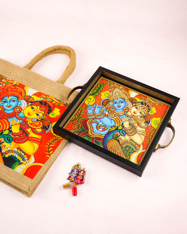 Combo: Radhakrishna Jute Bag with Tray & Haldi Kumkum - WGC0139