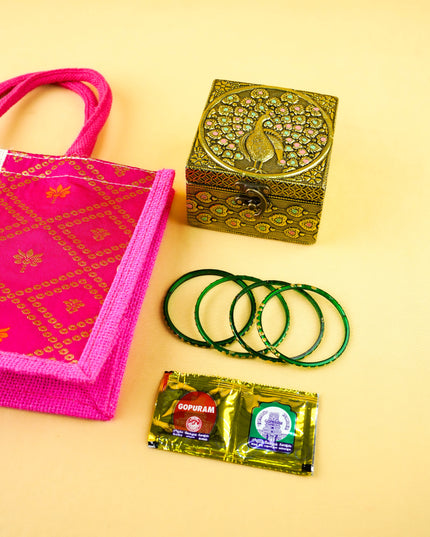 Combo: Jute Bag with Peacock Jewel Box & Bangle Manjal Kumkum - WGC0160