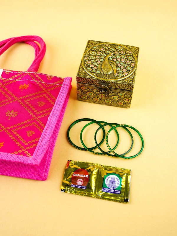 Combo: Jute Bag with Peacock Jewel Box & Bangle Manjal Kumkum - WGC0160