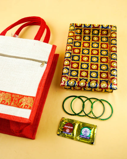 Combo: Jute Bag with Meenakari Tray with Bangle Manjal Kumkum - WGC0147