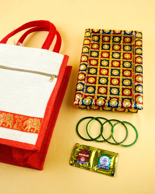 Combo: Jute Bag with Meenakari Tray with Bangle Manjal Kumkum - WGC0147