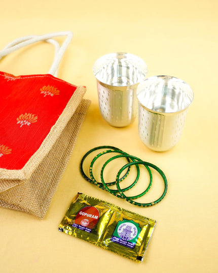 Combo: Jute Bag with 2 Glass Set and Bangle Manjal Kumkum - WGC0148