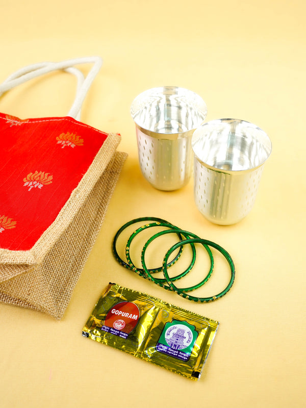 Combo: Jute Bag with 2 Glass Set and Bangle Manjal Kumkum - WGC0148