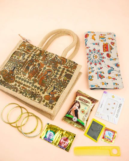 Combo: Printed Jute Bag with Warli Print Purse & Mehandi - WGC0130