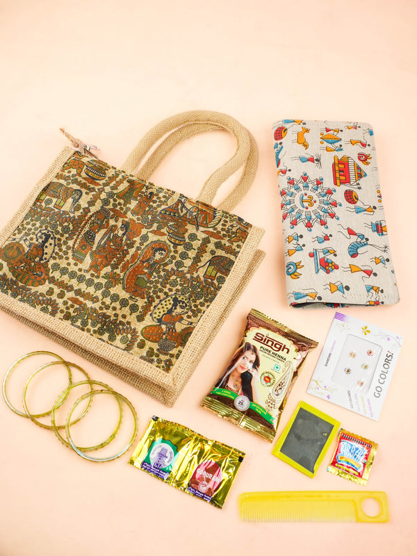 Combo: Printed Jute Bag with Warli Print Purse & Mehandi - WGC0130
