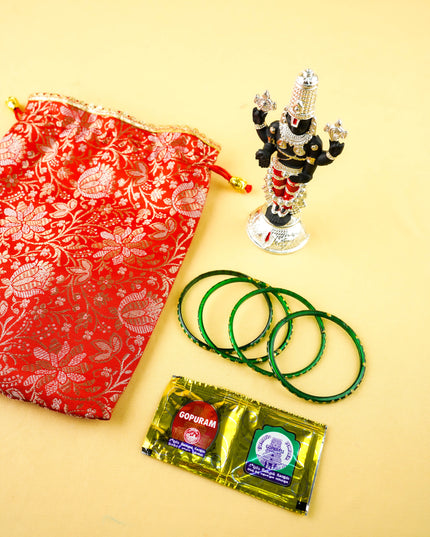 Combo: Brocade String Bag with Tirpathi Balaji Idol & Bangles Manjal Kumkum Set - WGC0140