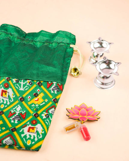 Combo: Patola Design Bag with Set of 2 Diya & Lotus Haldi Kumkum - WGC0137