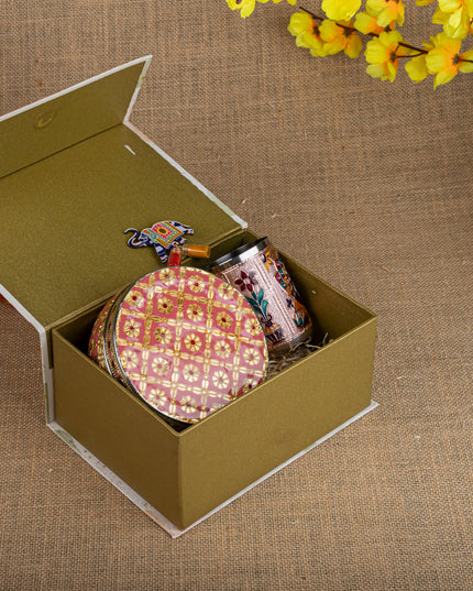 Gift Hamper - Meenakari Glass with Poori Box and Haldi Kumkum Set - WMH0006