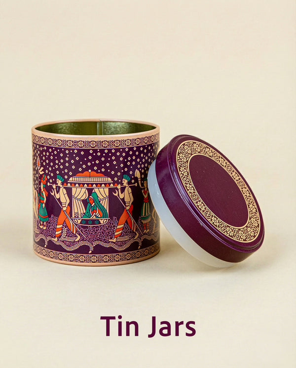 Printed tin jars and boxes — bestselling return gifts by Wedtree