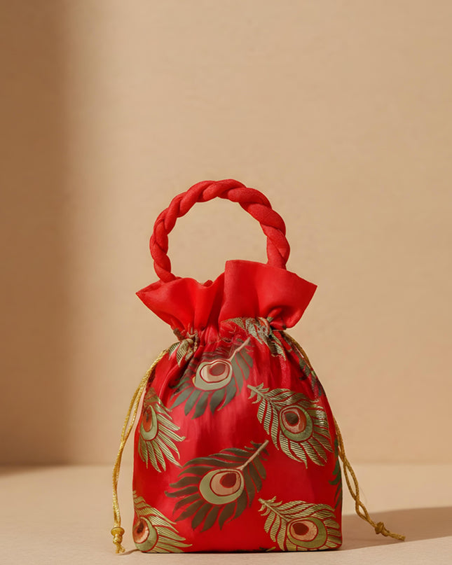 Raw Silk Potli Bag with Peacock Feather Embroidery - W2292