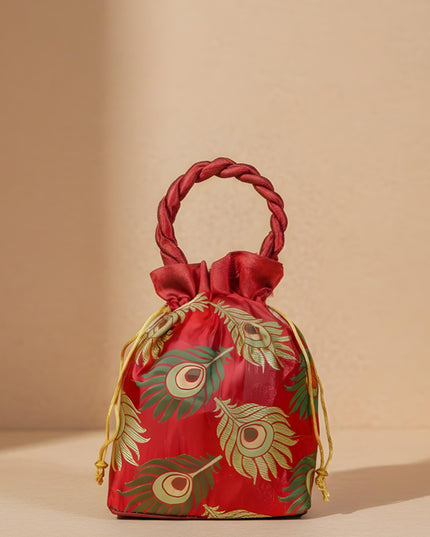 Raw Silk Potli Bag with Peacock Feather Embroidery - W2292