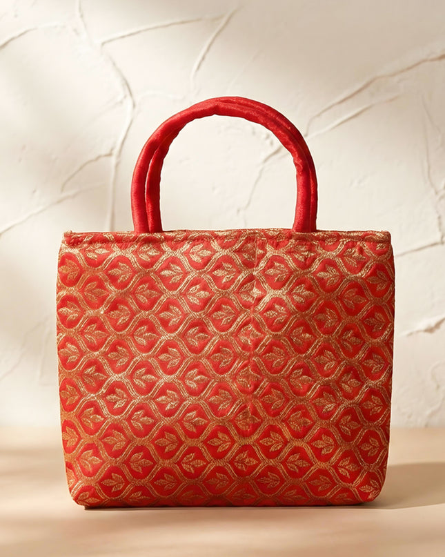 Hand Bag Raw Silk with Golden Leaf Design - W2746