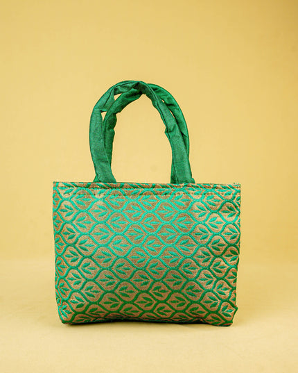 Hand Bag Raw Silk with Golden Leaf Design - W2746