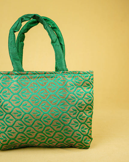 Hand Bag Raw Silk with Golden Leaf Design - W2746