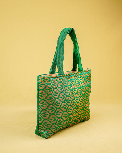 Hand Bag Raw Silk with Golden Leaf Design - W2746